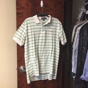 White Polo with green horizontal stripes